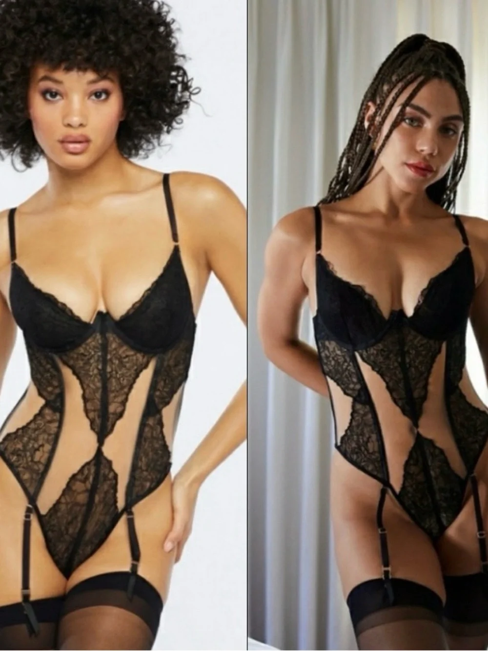 Savage X Fenty Black Lace Bustier Bodysuit with Garters Sz L